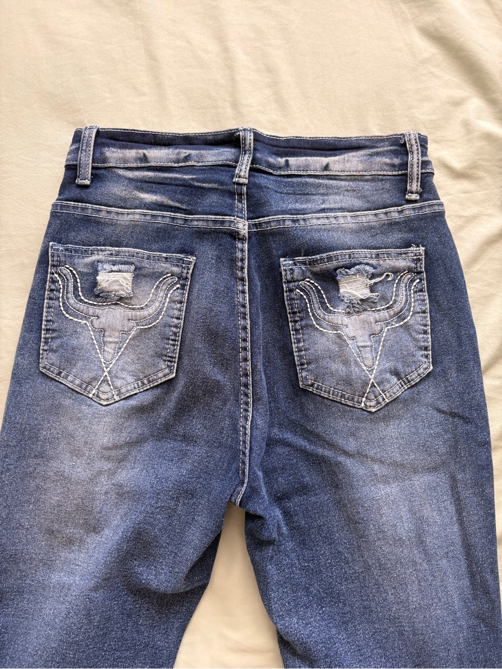 Women’s Dark Blue Distressed Pocket, Flared Jeans